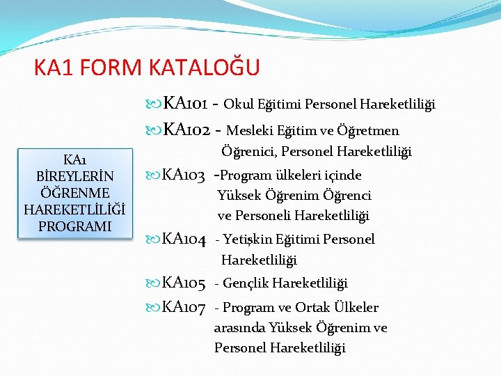 KA 1 FORM KATALOĞU KA 101 - Okul Eğitimi Personel Hareketliliği KA 102 -