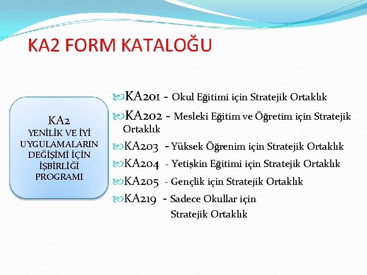 KA 2 FORM KATALOĞU KA 2 YENİLİK VE İYİ UYGULAMALARIN DEĞİŞİMİ İÇİN İŞBİRLİĞİ PROGRAMI