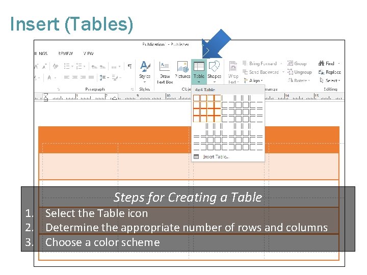 Insert (Tables) Steps for Creating a Table 1. Select the Table icon 2. Determine