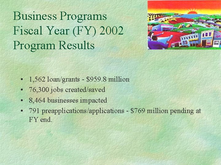 Business Programs Fiscal Year (FY) 2002 Program Results • • 1, 562 loan/grants -