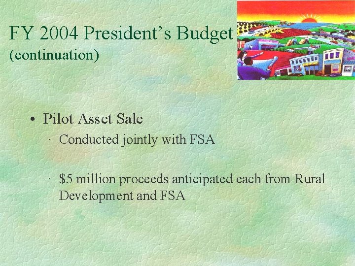 FY 2004 President’s Budget (continuation) • Pilot Asset Sale · Conducted jointly with FSA