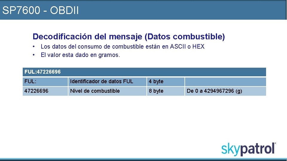 SP 7600 - OBDII Decodificación del mensaje (Datos combustible) • Los datos del consumo