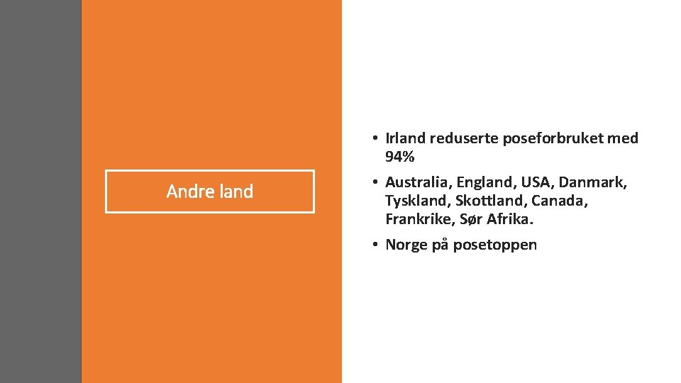Andre land • Irland reduserte poseforbruket med 94% • Australia, England, USA, Danmark, Tyskland,