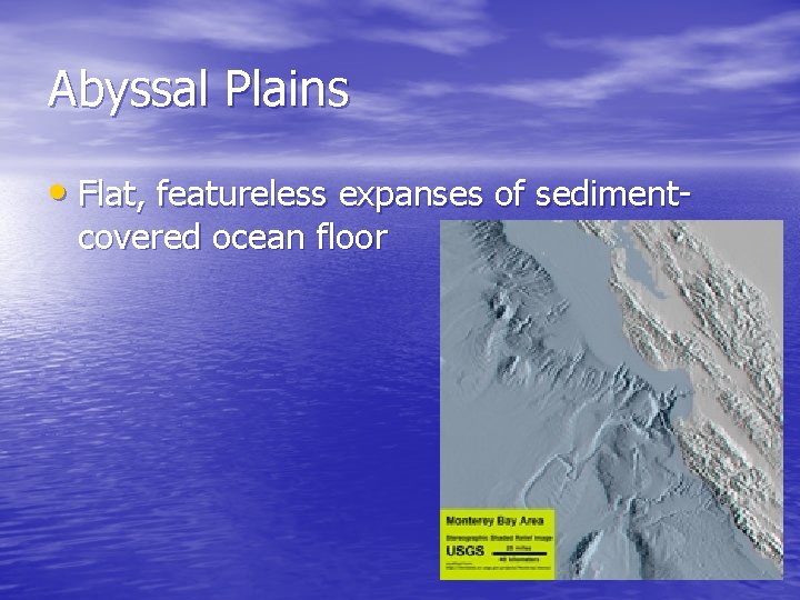 Abyssal Plains • Flat, featureless expanses of sedimentcovered ocean floor 