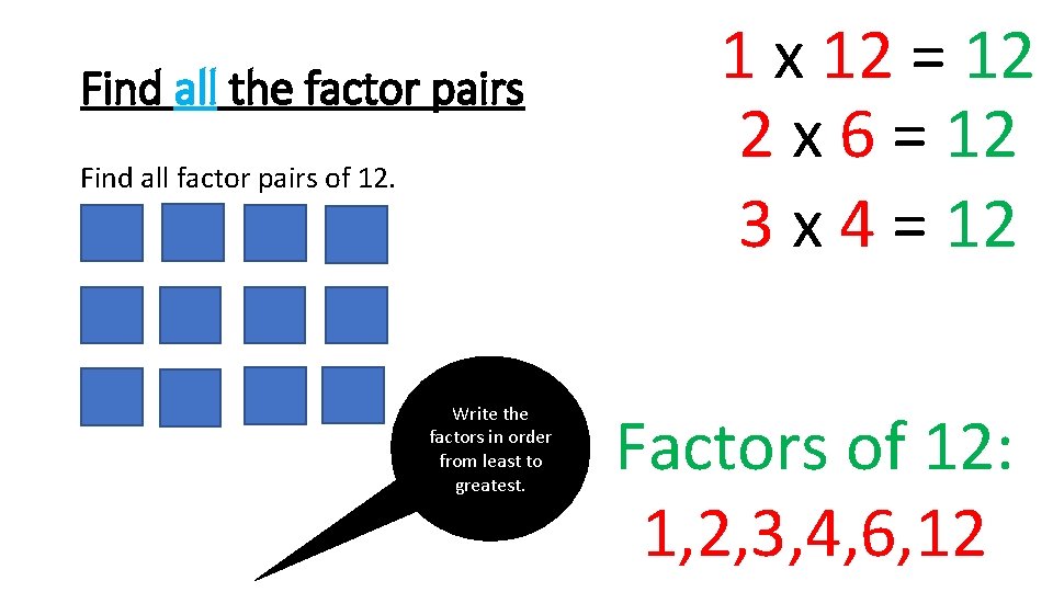 Find all the factor pairs Find all factor pairs of 12. Write the factors