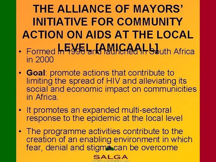 THE ALLIANCE OF MAYORS’ INITIATIVE FOR COMMUNITY ACTION ON AIDS AT THE LOCAL [AMICAALL]