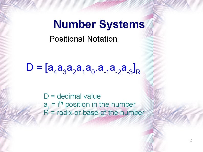 Number Systems Positional Notation D = [a 4 a 3 a 2 a 1