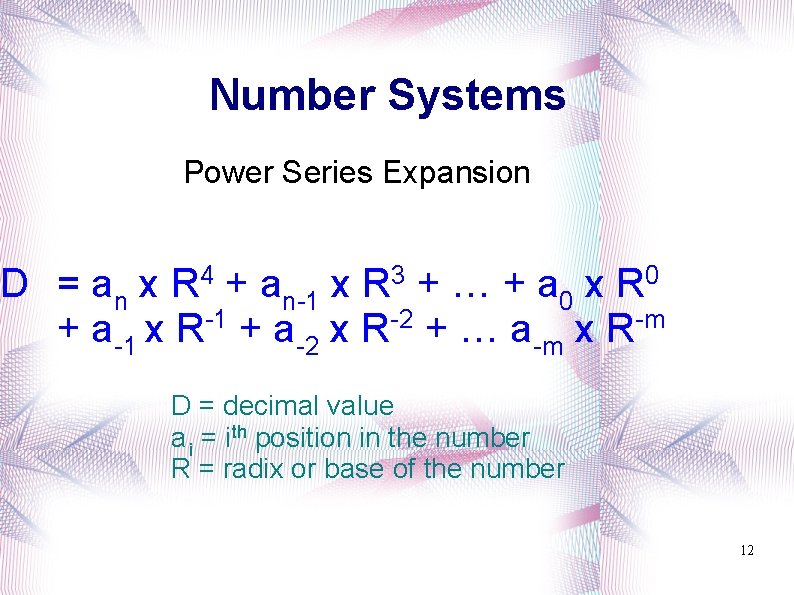 Number Systems Power Series Expansion 4 R 3 R 0 R D = an