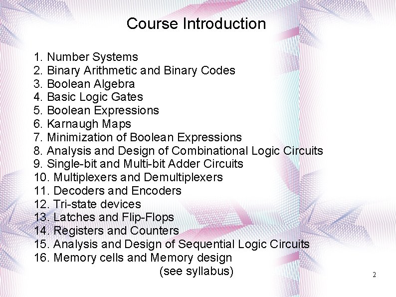 Course Introduction 1. Number Systems 2. Binary Arithmetic and Binary Codes 3. Boolean Algebra