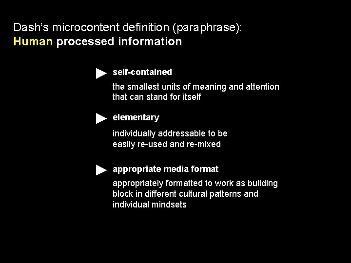 Dash‘s microcontent definition (paraphrase): Human processed information self-contained the smallest units of meaning and
