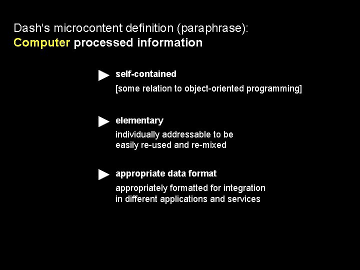 Dash‘s microcontent definition (paraphrase): Computer processed information self-contained [some relation to object-oriented programming] elementary