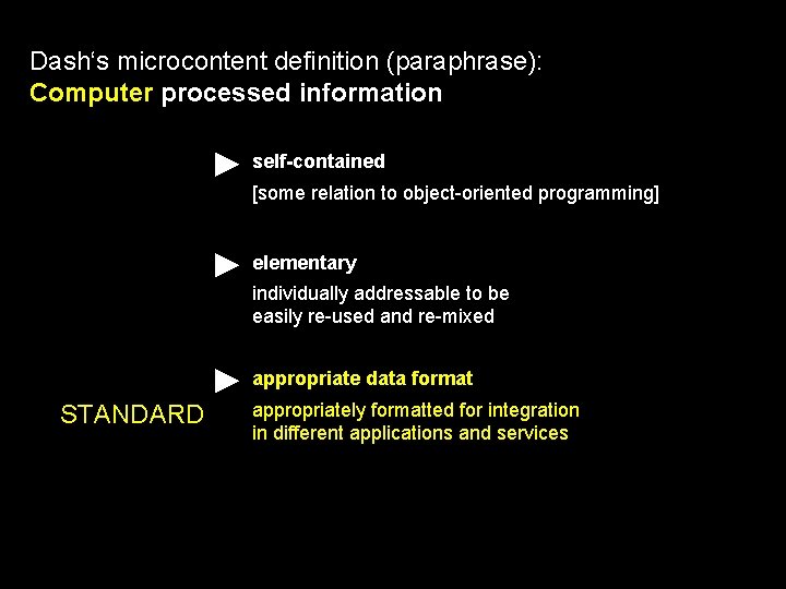 Dash‘s microcontent definition (paraphrase): Computer processed information self-contained [some relation to object-oriented programming] elementary