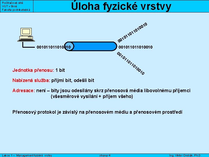Úloha fyzické vrstvy Počítačové sítě VUT v Brně Fakulta podnikatelská 0 01 0 11