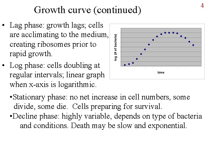 Growth curve (continued) 4 • Lag phase: growth lags; cells are acclimating to the