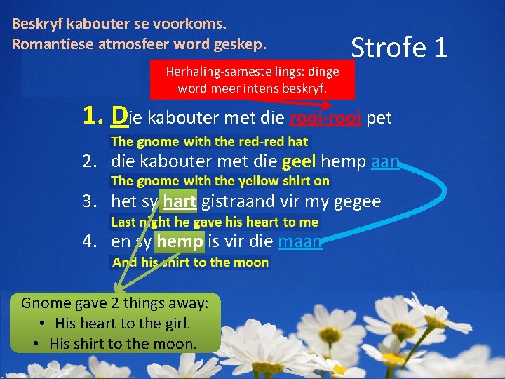 Beskryf kabouter se voorkoms. Romantiese atmosfeer word geskep. Herhaling-samestellings: dinge word meer intens beskryf.
