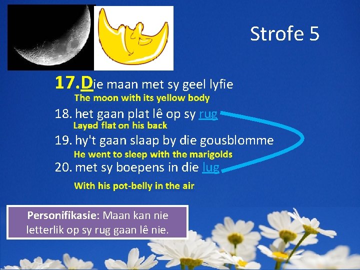 Strofe 5 17. Die maan met sy geel lyfie 18. het gaan plat lê