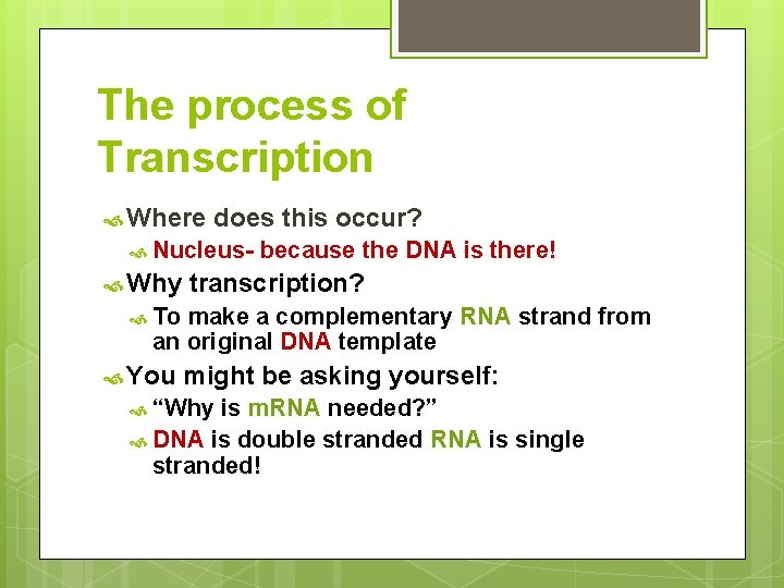 The process of Transcription Where does this occur? Nucleus- Why because the DNA is