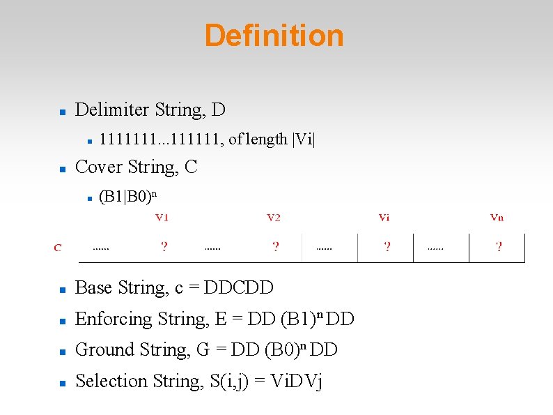 Definition Delimiter String, D 1111111. . . 111111, of length |Vi| Cover String, C Definition Delimiter String, D 1111111. . . 111111, of length |Vi| Cover String, C