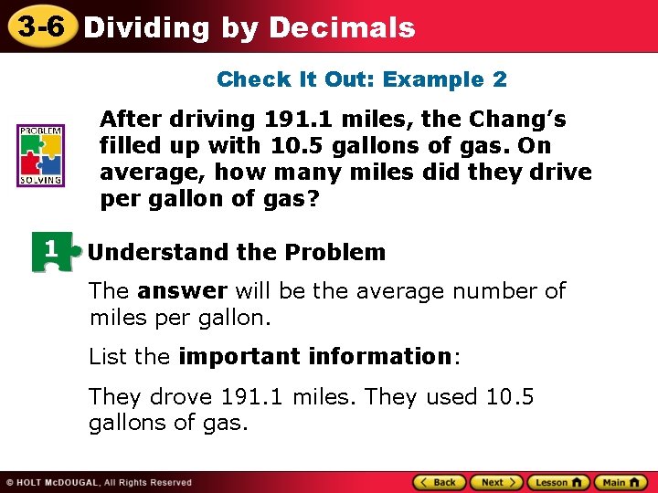 3 -6 Dividing by Decimals Check It Out: Example 2 After driving 191. 1
