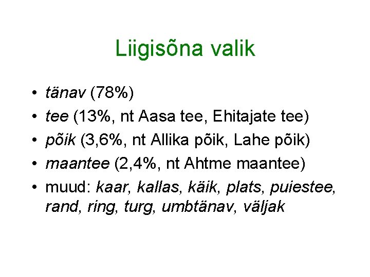 Liigisõna valik • • • tänav (78%) tee (13%, nt Aasa tee, Ehitajate tee)