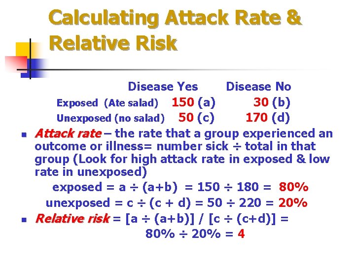 Calculating Attack Rate & Relative Risk n n Disease Yes Disease No Exposed (Ate