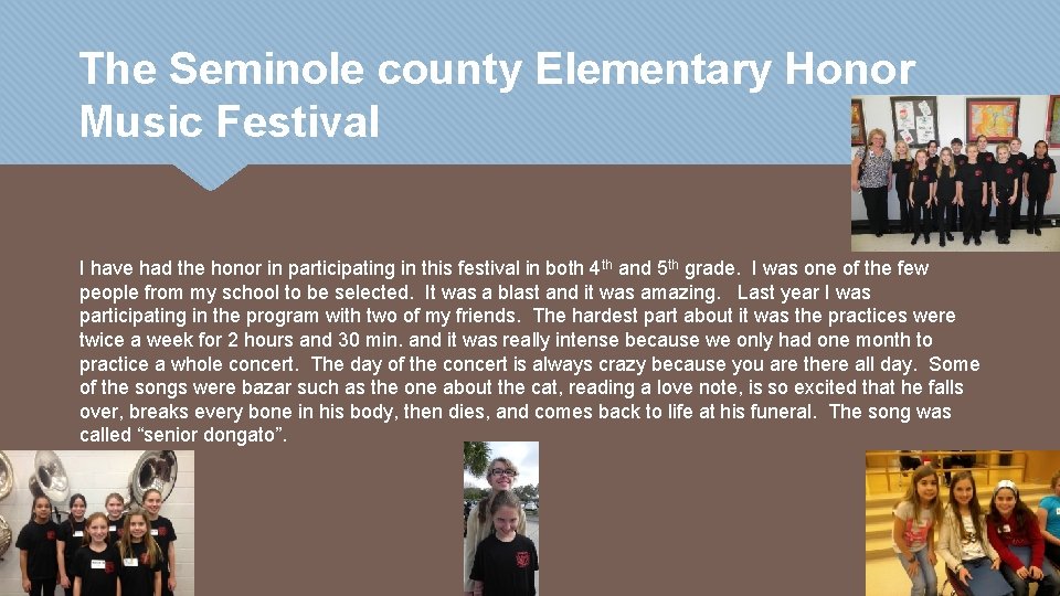 The Seminole county Elementary Honor Music Festival I have had the honor in participating