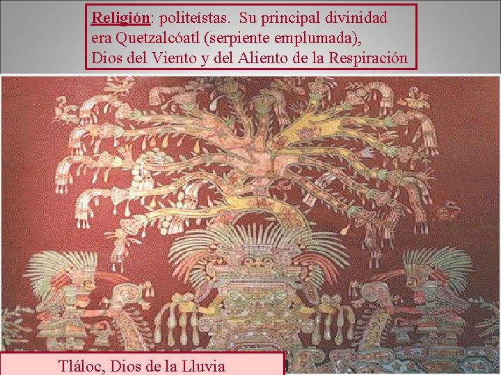 Religión: politeístas. Su principal divinidad era Quetzalcóatl (serpiente emplumada), Dios del Viento y del