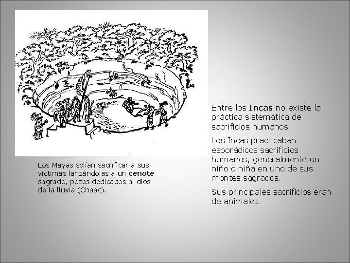 Entre los Incas no existe la práctica sistemática de sacrificios humanos. Los Mayas solían