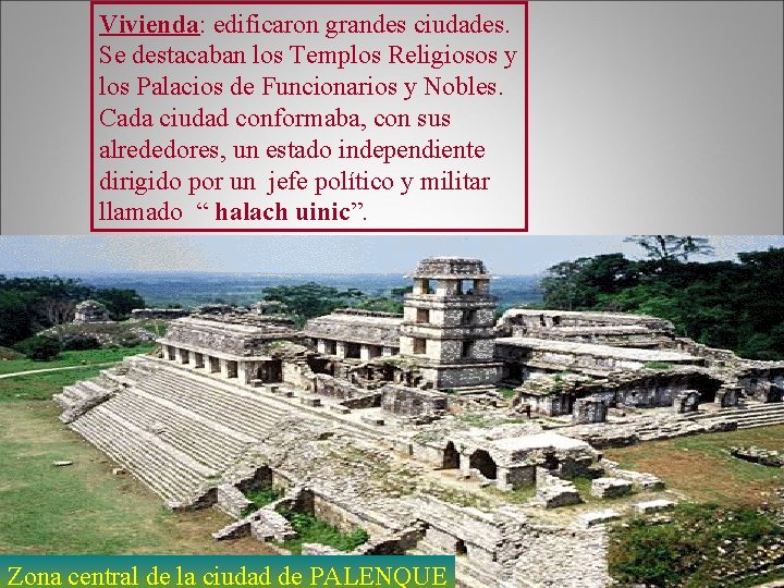 Vivienda: edificaron grandes ciudades. Se destacaban los Templos Religiosos y los Palacios de Funcionarios