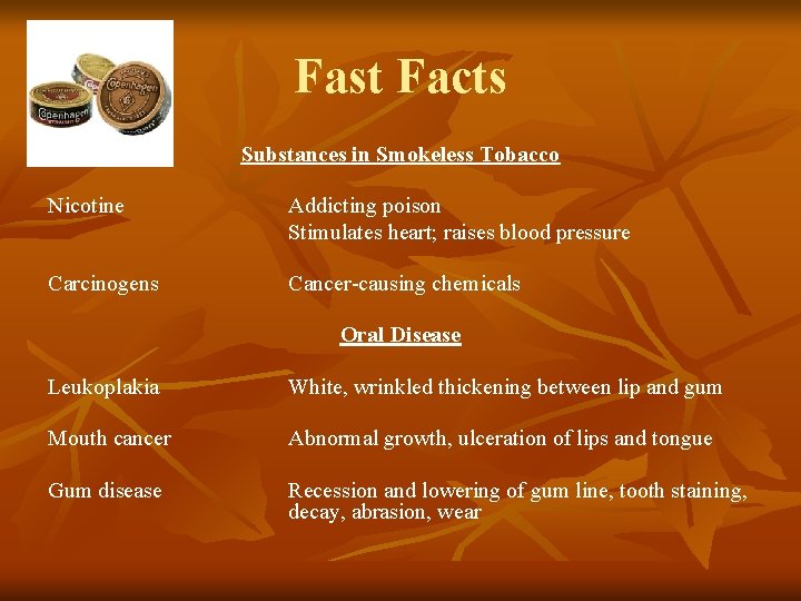 Fast Facts Substances in Smokeless Tobacco Nicotine Addicting poison Stimulates heart; raises blood pressure