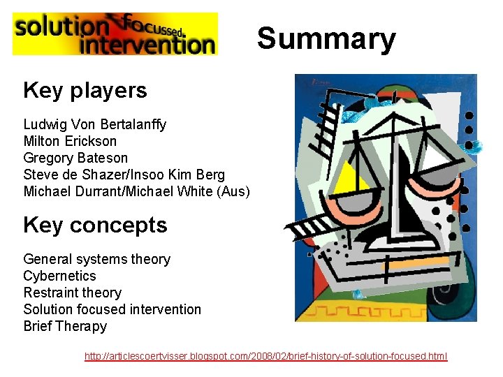 Summary Key players Ludwig Von Bertalanffy Milton Erickson Gregory Bateson Steve de Shazer/Insoo Kim
