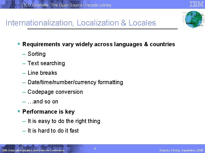 ICU Overview: The Open Source Unicode Library Internationalization, Localization & Locales § Requirements vary ICU Overview: The Open Source Unicode Library Internationalization, Localization & Locales § Requirements vary