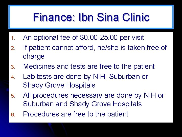 Finance: Ibn Sina Clinic 1. 2. 3. 4. 5. 6. An optional fee of