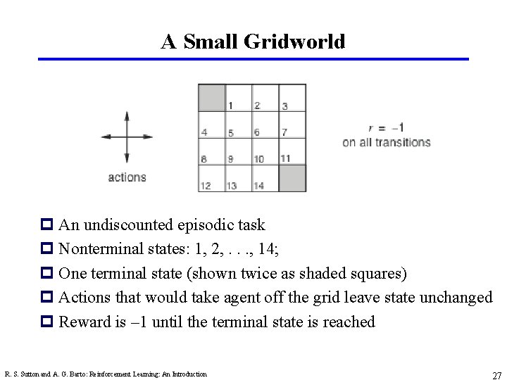 A Small Gridworld p An undiscounted episodic task p Nonterminal states: 1, 2, .