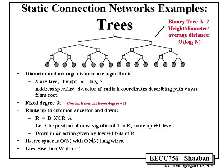 Static Connection Networks Examples: Trees • • • Binary Tree k=2 Height/diameter/ average distance: