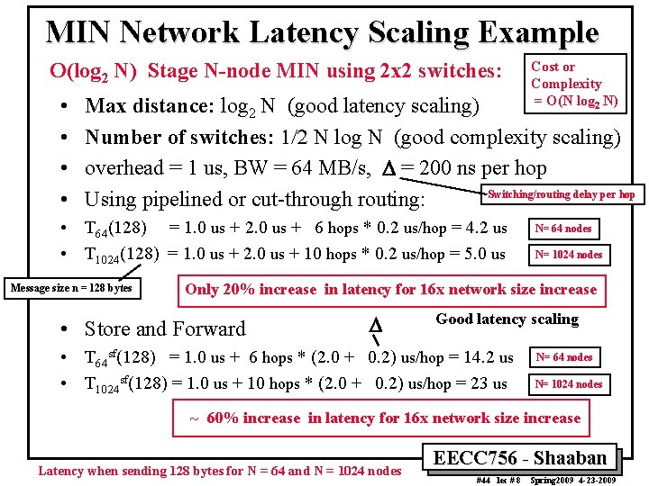 MIN Network Latency Scaling Example O(log 2 N) Stage N-node MIN using 2 x