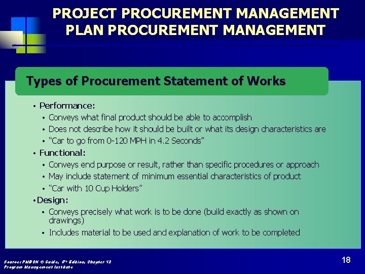 PROJECT PROCUREMENT MANAGEMENT PLAN PROCUREMENT MANAGEMENT Types of Procurement Statement of Works • Performance: