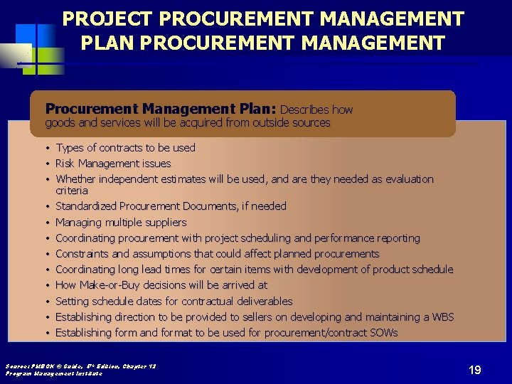 PROJECT PROCUREMENT MANAGEMENT PLAN PROCUREMENT MANAGEMENT Procurement Management Plan: Describes how goods and services