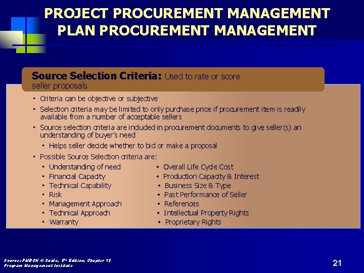 PROJECT PROCUREMENT MANAGEMENT PLAN PROCUREMENT MANAGEMENT Source Selection Criteria: seller proposals Used to rate
