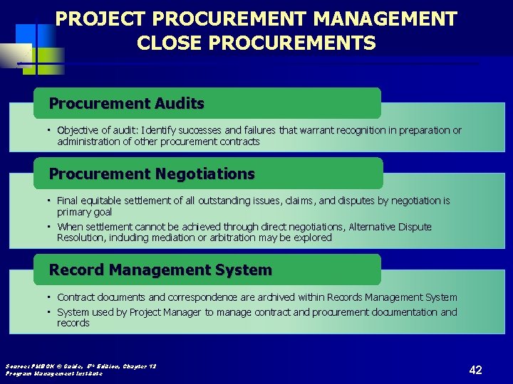 PROJECT PROCUREMENT MANAGEMENT CLOSE PROCUREMENTS Procurement Audits • Objective of audit: Identify successes and