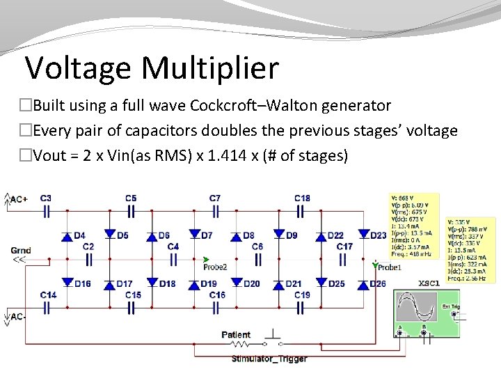 Voltage Multiplier �Built using a full wave Cockcroft–Walton generator �Every pair of capacitors doubles