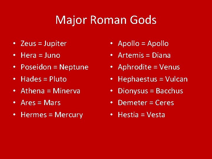 Major Roman Gods • • Zeus = Jupiter Hera = Juno Poseidon = Neptune