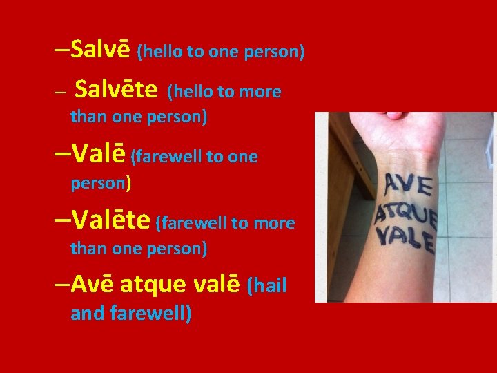 –Salvē (hello to one person) – Salvēte (hello to more than one person) –Valē