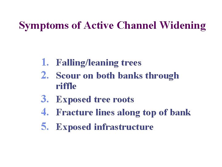 Symptoms of Active Channel Widening 1. Falling/leaning trees 2. Scour on both banks through