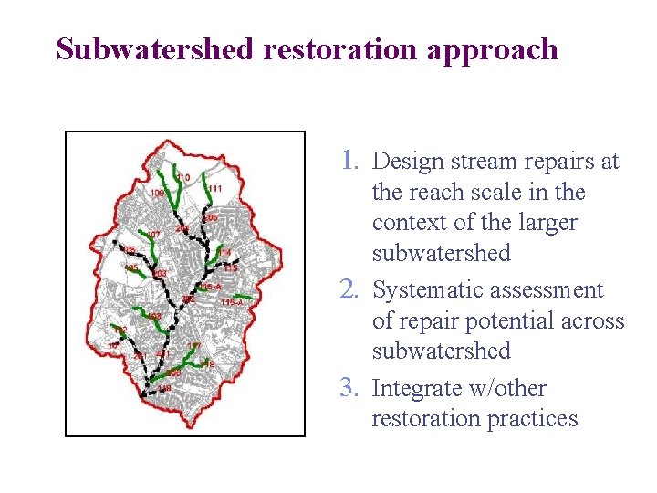 Subwatershed restoration approach 1. Design stream repairs at the reach scale in the context