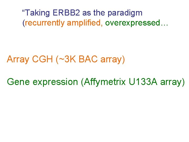 “Taking ERBB 2 as the paradigm (recurrently amplified, overexpressed… Array CGH (~3 K BAC