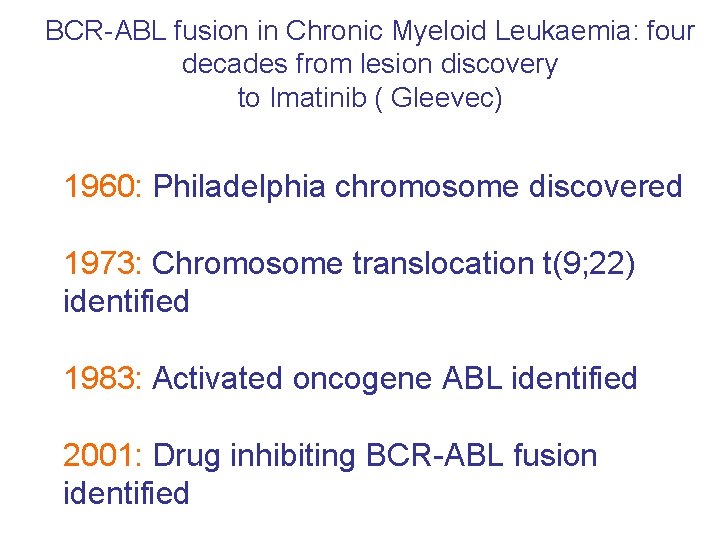 BCR-ABL fusion in Chronic Myeloid Leukaemia: four decades from lesion discovery to Imatinib (