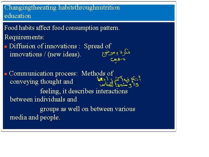 Changingtheeating habitsthroughnutrition education Food habits affect food consumption pattern. Requirements: ● Diffusion of innovations