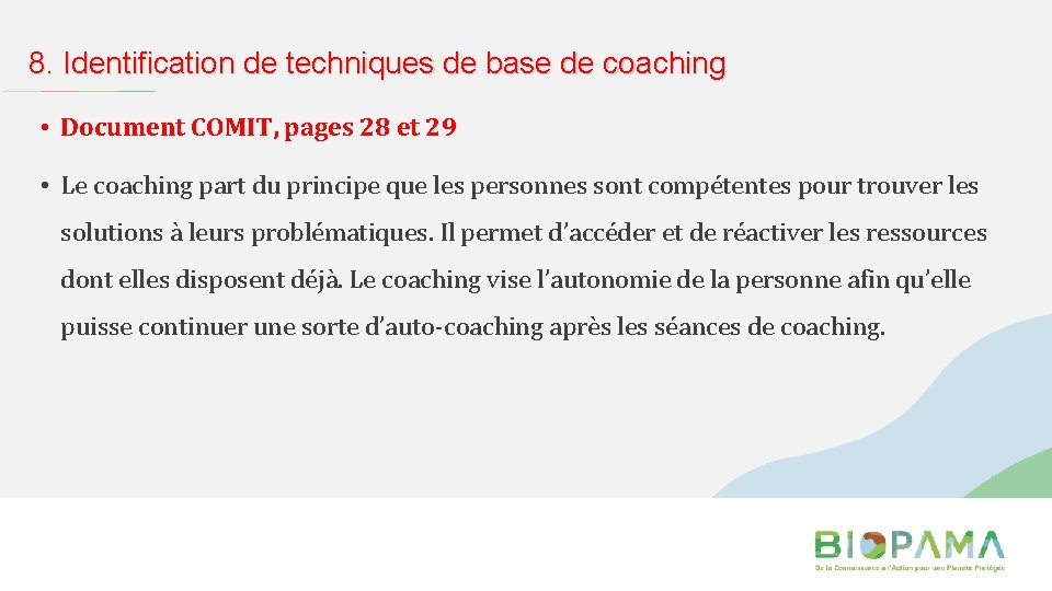 8. Identification de techniques de base de coaching • Document COMIT, pages 28 et
