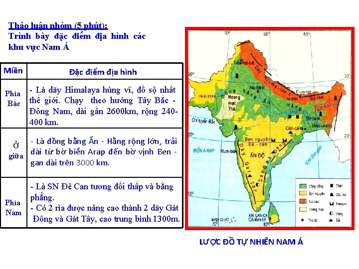 Thảo luận nhóm (5 phút): Trình bày đặc điểm địa hình các khu vực